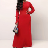 Red Round Neck Long Sleeve Maxi Dress