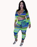 Plus Size 2-Piece Set Sexy Striped Long Sleeve Crop Top and Pants