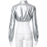 Silver Long-Sleeved PU Leather Crop Top Casual Pants 2PCS Set