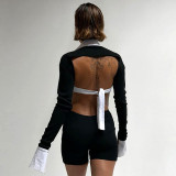 Contrast Turndown Collar Hollow Out Open Back Sexy Rompers