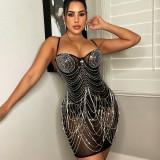 Sexy Rhinestone Fringe Mesh Cami Club Dress