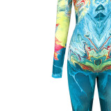 Trendy Printed Zipper Mock Neck Bodycon Jumpsuit