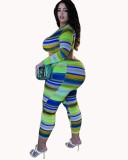 Plus Size 2-Piece Set Sexy Striped Long Sleeve Crop Top and Pants