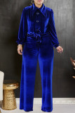 Solid Velvet Button Shirt and Belted Pants Two Piece Set