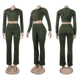 Sexy Solid Zipper Hooded Crop Top Flare Pants Two Piece Set