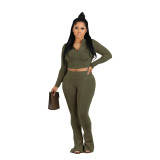 Sexy Solid Zipper Hooded Crop Top Flare Pants Two Piece Set