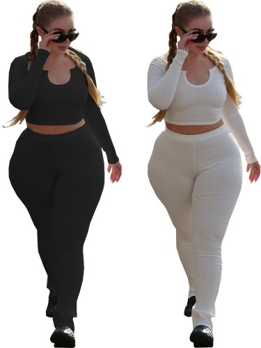 Plus Size Ribbed Sexy Long Sleeve Crop Top and Pants Set