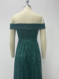 Green Off Shoulder Sequin Splicing Elegant Evening Dress
