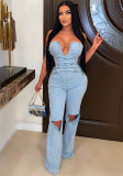 Stylish Sexy Strapless Low Back Ripped Denim Jumpsuit