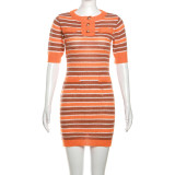 Striped Short Sleeve Buttoned Bodycon Knitting Dress
