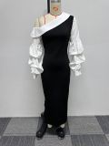 White Black Slash Shoulder Slit Balloon Sleeve Bodycon Dress
