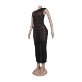 Black Glitter See Through One Shoulder Sleeveless Ruched Bodycon Dress