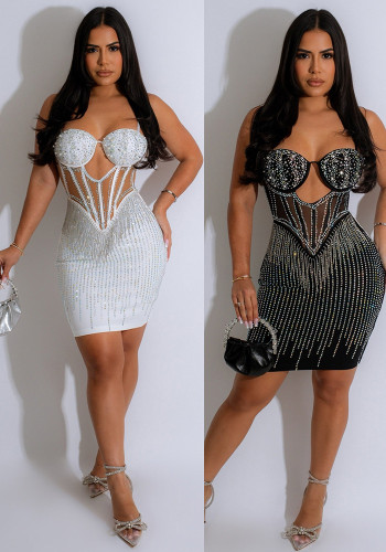 Rhinestone Beaded Hollow Stretch Cami Bodycon Dress