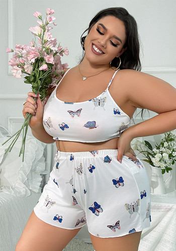 Plus Size Butterfly Print Pajamas Shorts Set Sexy Lingerie