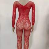 Red Sexy Sparkling Rhinestone Bodystocking Jumpsuit