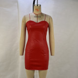 Solid Sexy Strapless PU Leather Bodycon Dress