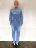 Long Sleeve Blue Denim Buttoned Jumpsuit