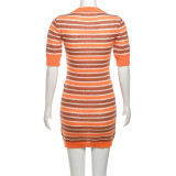 Striped Short Sleeve Buttoned Bodycon Knitting Dress