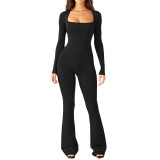 Ribbed Square Neck Bell Bottom Casual Jumpsuit
