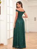 Green Off Shoulder Sequin Splicing Elegant Evening Dress