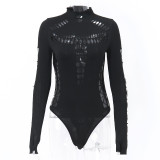 Black Hollow Out High Neck Tight Bodysuit
