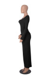 Black 2PCS Set Square Neck Long Sleeve Top Bodycon Long Skirt