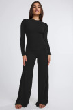 Casual Ribbed 2PCS Set Solid Long Sleeve Top and Wide Leg Pants