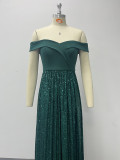 Green Off Shoulder Sequin Splicing Elegant Evening Dress