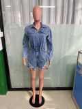 Stretch Ripped Tassel Long Sleeve Washed Denim Rompers