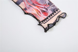 Sexy Mesh Print Tie Front Crop Top High Waist Tight Pants 2PCS Set