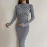 Sexy Slim Slit Back Solid Ruched Long Sleeve Dress