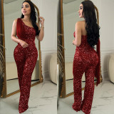 Solid Sequin Slash Shoulder Sleeveless Straight Leg Jumpsuit