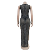 Fashion See Through Mesh Rhinestone Sleeveless Slit Long Dress