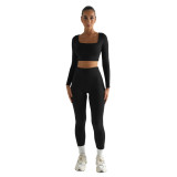 Solid Two-piece Set Long Sleeve Square Neck Top and Pants