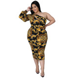 Plus Size Sexy Printed One Shoulder Long Sleeve Midi Dress
