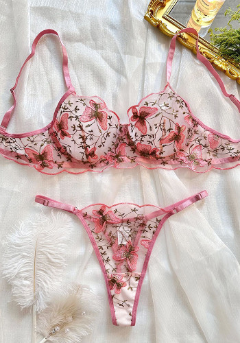 Sexy Lingerie Butterfly Embroidered Mesh Bra Pantie Set