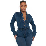 Stylish Long Sleeve High Stretch Buttoned Denim Jumpsuit