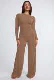 Casual Ribbed 2PCS Set Solid Long Sleeve Top and Wide Leg Pants