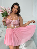 Plus Size Pink Lace Mesh Sexy See-Through Nightdress