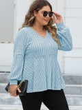 Plus Size Tops V-Neck Ribbed Lantern Sleeve Casual T-Shirt