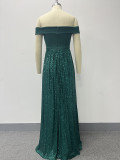 Green Off Shoulder Sequin Splicing Elegant Evening Dress