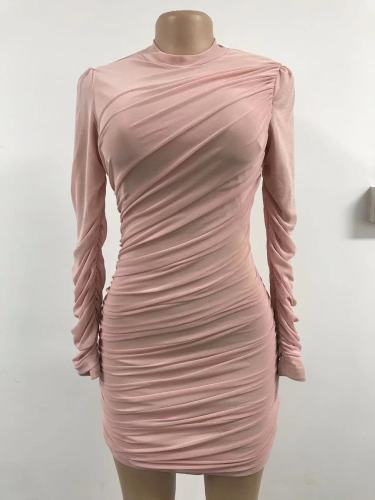 Solid Long Sleeve Mesh Overlay Mini Dress