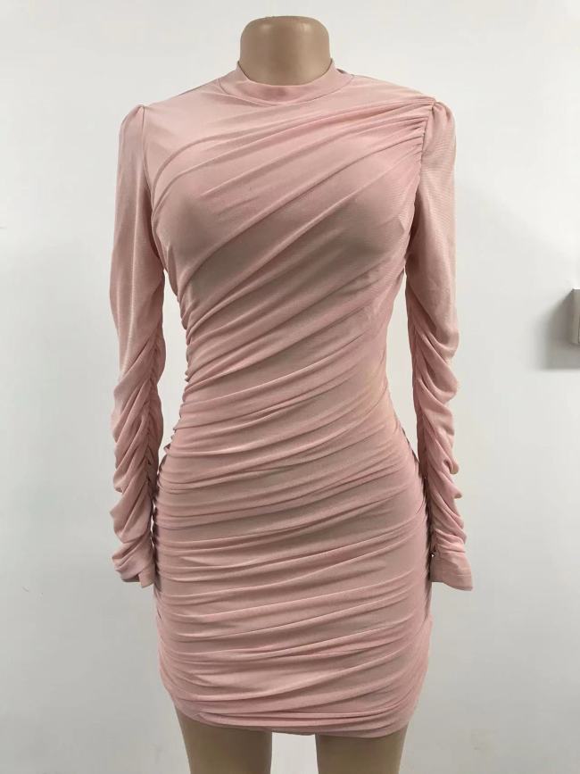 Solid Long Sleeve Mesh Overlay Mini Dress
