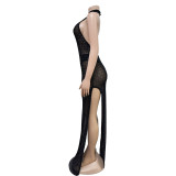 Sexy See Through Backless Halter Neck Sleeveless Slit Maxi Dress