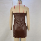 Strapless PU-Leather Zipper Winter Bodycon Dress