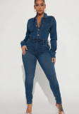 Stylish Long Sleeve High Stretch Buttoned Denim Jumpsuit