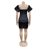 Solid V-Neck Short Sleeve Backless Mini Dress