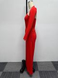 Sexy Red Slim-Fit Single Sleeved Top Wide Leg Pants 2PCS Set