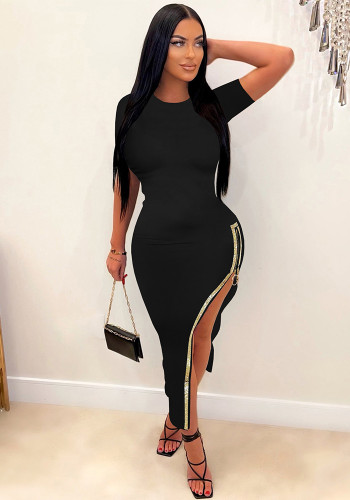 Side Zip Rhinestone Slit Bodycon Dress