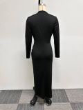 Sexy Black Plunge Neckline Slit Full Sleeve Long Dress